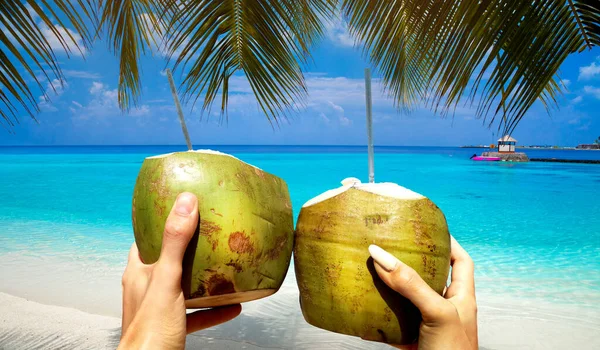Δροσιστικό Coconut Cocktail Γυναίκα Και Αντρικό Χέρι Ποτό Καρύδας Στην — Φωτογραφία Αρχείου