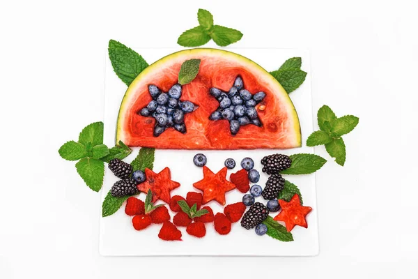 Fruit Salad Watermelon Blueberry Raspberry Sweet Cherry Wooden White Background — Stock Photo, Image