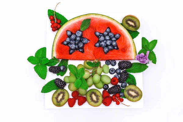 Fruit Salad Watermelon Blueberry Raspberry Sweet Cherry Wooden White Background — Stock Photo, Image