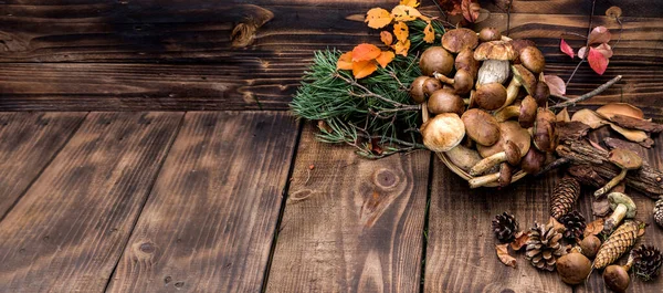 邪悪なバスケットトップビューのコピースペースで森のキノコを選ぶ テーブルの上に新鮮な生キノコ 木のテーブルの上のキノコ — ストック写真
