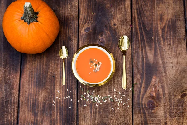 Vegetarian Autumn Pumpkin Cream Soup Seeds Autumn Food Concept — Stock Photo, Image