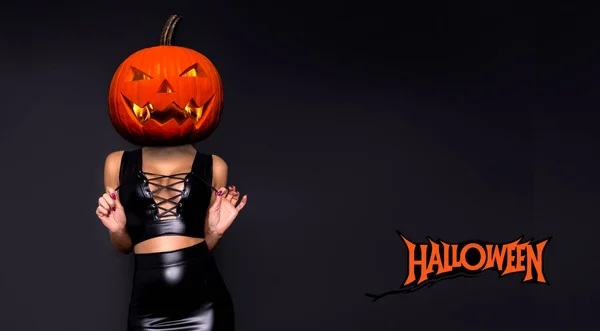 Sexy woman with pumpkin head. Halloween concept.