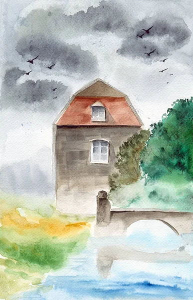 Watercolor picture of a house on a river with bridge above it with green shrubs and birds in grey sky