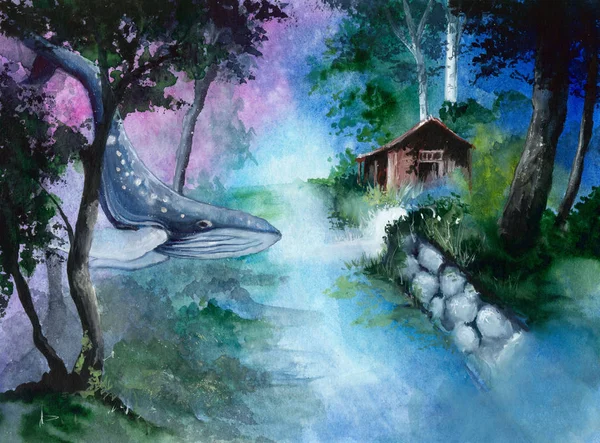 Watercolor picture of a whale in magic forest of green trees and a rustic cabin in beautiful woods