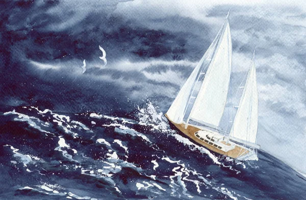 Watercolor picture of a sailing boat in the storm sea with dark sky on the background