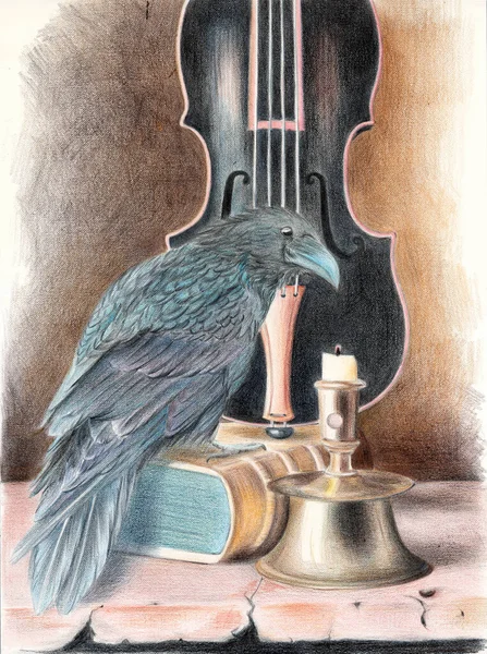 Watercolor pencil illustration of a raven on a book, with candlestick next to it and a violin in the background