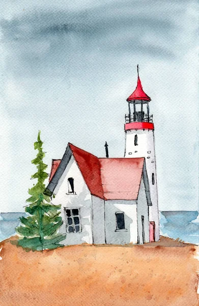 Watercolor illustration of a lighthouse with a cabin on the hill and sea on the background