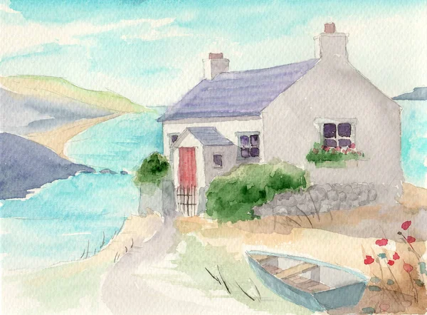 Watercolor illustration of a small house on the sea shore with stone fence, green shrubs and a boat in front of it