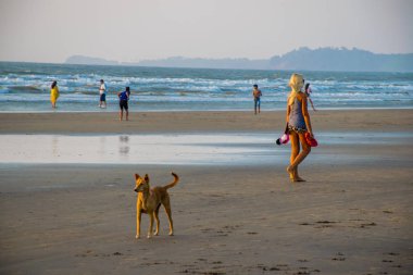 Goa, Hindistan 'da deniz kıyısında yürüyen insanların görüntüsü 