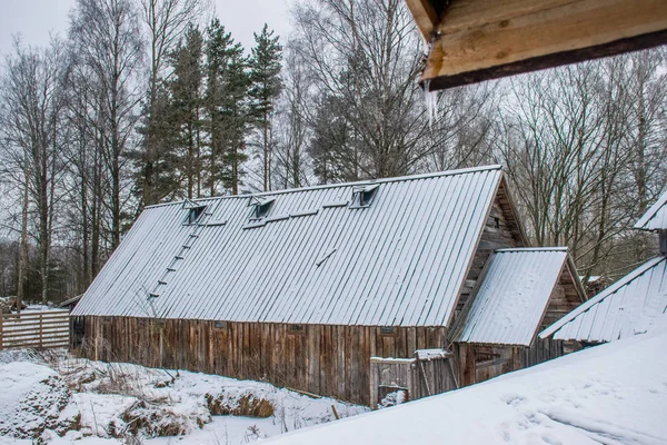Casa Madeira Neve Viborg Baltic Rússia — Fotografia de Stock