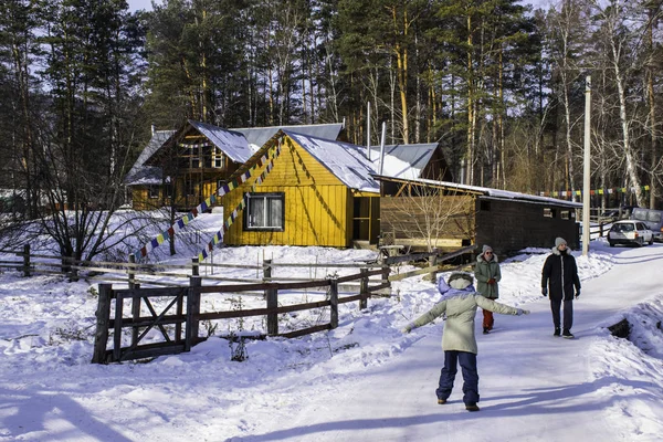 Les Maisons Bois Dans Forêt Gelée Village Kuum Dans Les — Photo