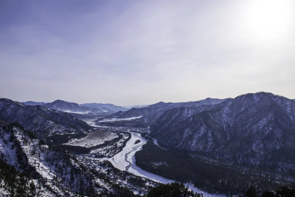 Altai Montanhas Perto Aldeia Oroktoy Inverno Russo Sibéria — Fotografia de Stock