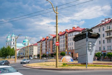 Grodno, Beyaz Rusya - Haziran 2018: Avrupa'nın en çok şehir olan Belarus'un merkezi sokakları ve tarihi evleri