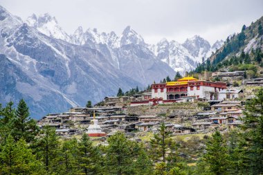 Doğu Tibet, Sichuan, Çin 'deki Kampo Nenang dağına gidiyor.