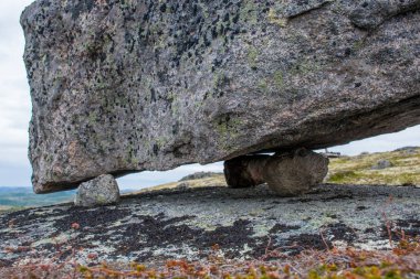 Murmansk, Rusya 'daki Teriberka köyü yakınlarındaki deniz kıyısındaki kayalıkları kapatın.