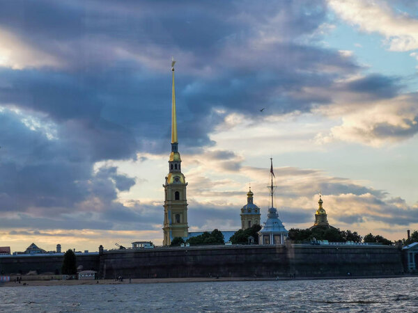 Scenic view of St Petersburg city on sunset background, Russia