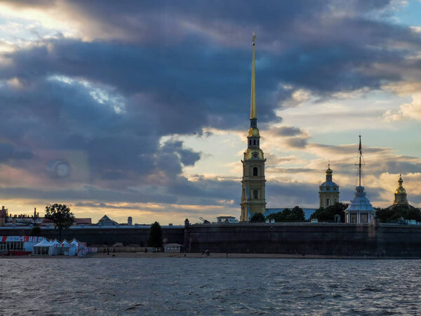 Scenic view of St Petersburg city on sunset background, Russia
