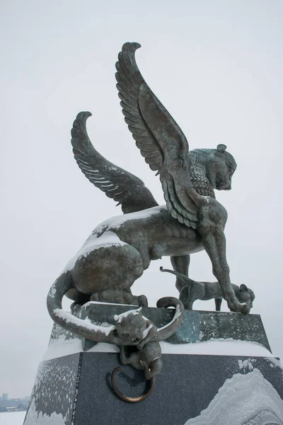 sculpture female of winged snow leopard with cubs, symbol of Tatarstan near Kazan wedding palace