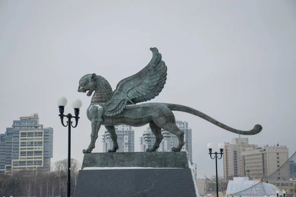 sculpture female of winged snow leopard with cubs, symbol of Tatarstan near Kazan wedding palace