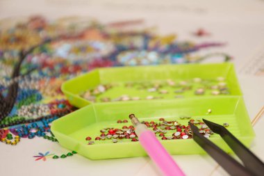 Elmas boyama nakış zanaat araçları. Akrilik rhinestones. Yakın çekim, seçici odak