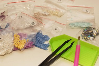 Elmas boyama nakış zanaat araçları. Akrilik rhinestones. Yakın çekim, seçici odak