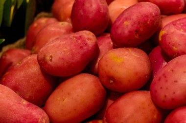 Taze kırmızı patates pazarda yığılmış. Gıda backgroumd. Hasat