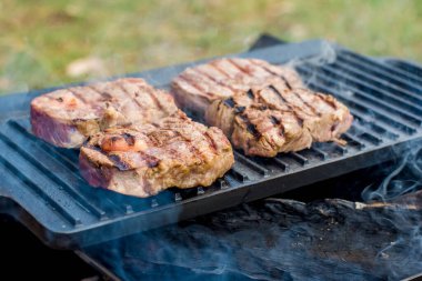 Biftekler kamp ateşinde dökme demir tabakta ızgara yapıyor. Kamp ateşi pişirme. Açık hava mangalı