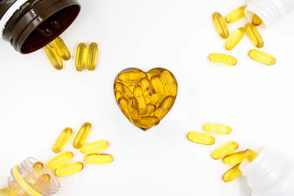 Omega Fish Oil Capsules Shape Heart Various Bottles Capsules — Stock Photo, Image
