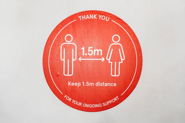 Sydney, Australia 2020-08 COVID-19. Stickers on the floor about social distancing. Keep 1.5 metre distance. Thank you for your ongoing support