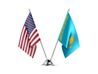 Masa bayrakları, Amerika Birleşik Devletleri ve Kazakistan, beyaz arka planda izole edilmiş. 3d resim