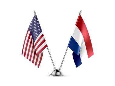 Masa bayrakları, Amerika Birleşik Devletleri ve Hollanda, beyaz arka planda izole edilmiş. 3d resim