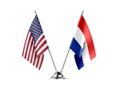 Masa bayrakları, Amerika Birleşik Devletleri ve Paraguay, beyaz arka planda izole edilmiş. 3d resim