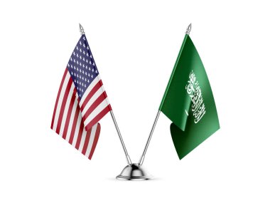 Masa bayrakları, Amerika Birleşik Devletleri ve Suudi Arabistan, beyaz arka planda izole edilmiş. 3d resim