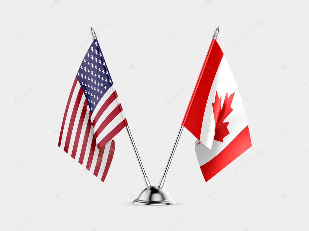 Desk flags, United States America and Canada, isolated on white background. 3d image
