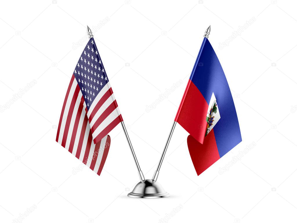 Desk flags, United States America and Haiti, isolated on white background. 3d image