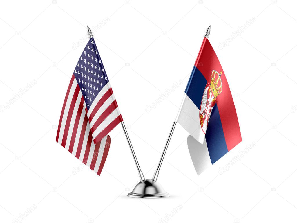 Desk flags, United States America and Serbia, isolated on white background. 3d image