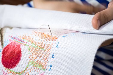 İğne ile kanaviçe yapan kadın eli.