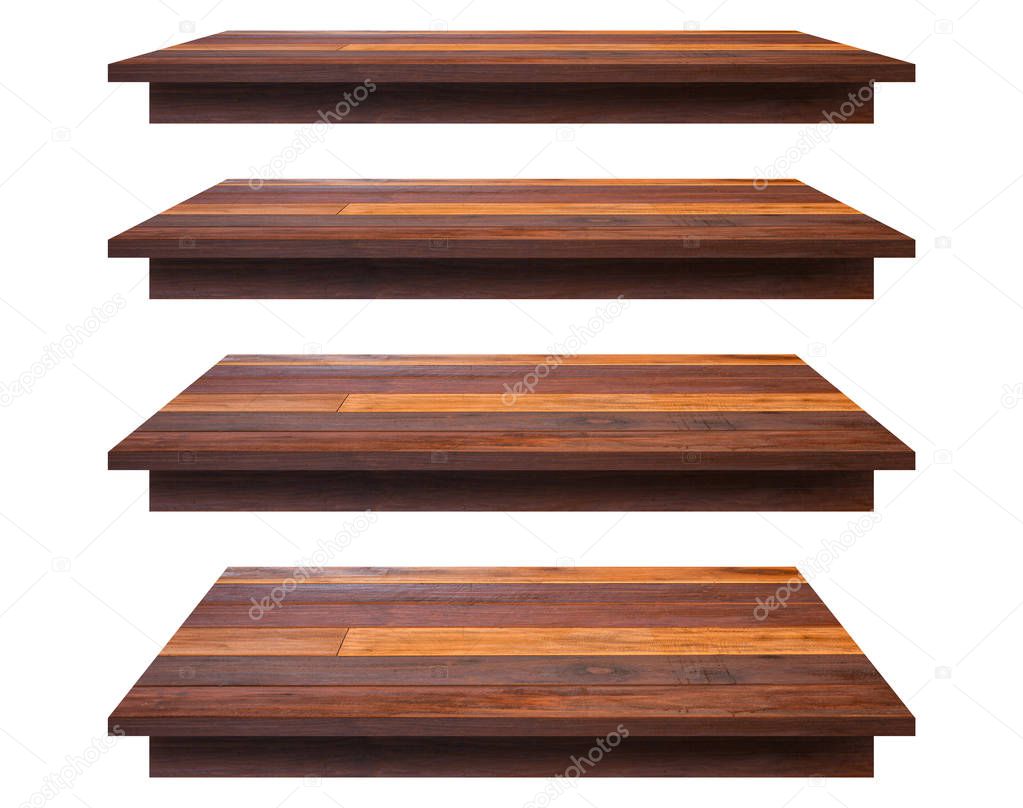 Wood shelves table top collection isolated on white background. Clipping path include in this image.