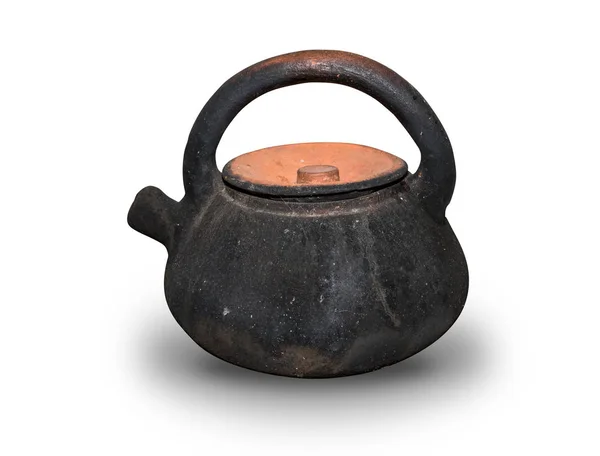 Clay terracotta kettle with black smoke on surface isolated on white background. Clipping path include in this image. — Stock Photo, Image