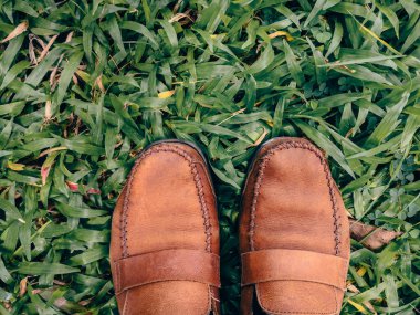 Bahçedeki yeşil çimlerin üzerinde duran selfie deri ayakkabılarının en üst görüntüsü..