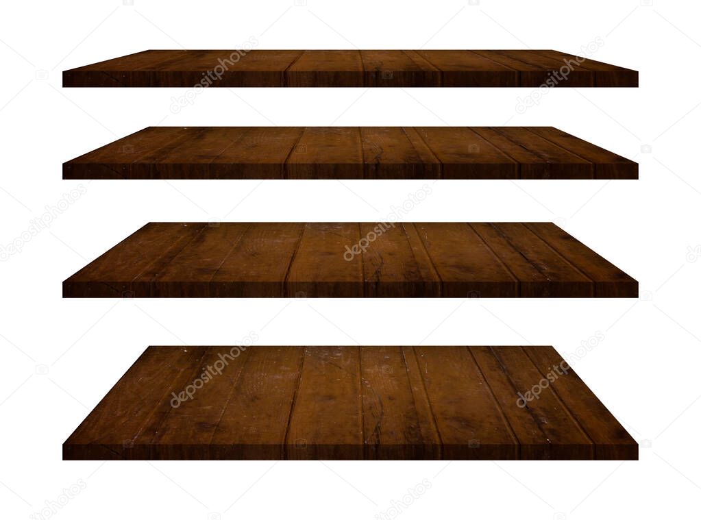 Wood shelves table top collection isolated on white background. Clipping path include in this image.