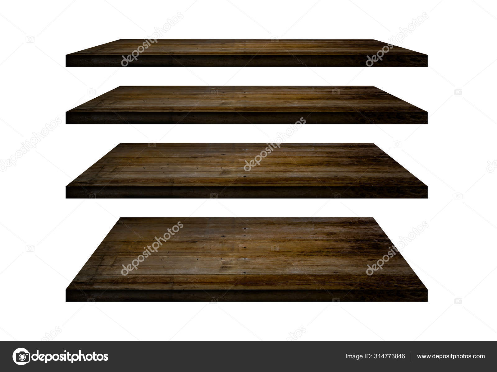 Wood shelves table top collection isolated on white background