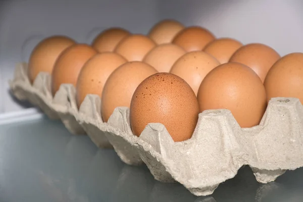 Färska kyckling ägg i pappers kartong på kylskåps hyllan — Stockfoto