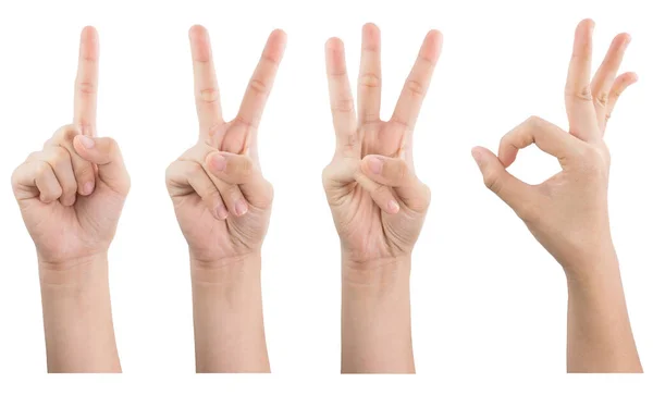 Mão feminina mostrar gestos 1 2 3 OK isolado sobre fundo branco . — Fotografia de Stock