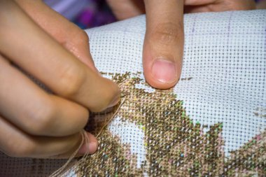 İğne ile kanaviçe yapan kadın eli.