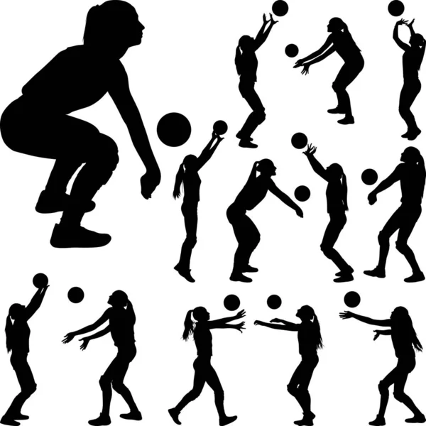 Jugadora de voleibol. grupo de mujeres jugar voleibol silueta v — Vector de stock