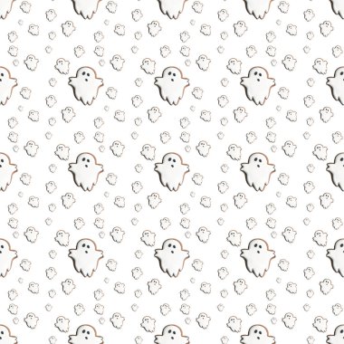 Beyaz arka planda hayaletlerden oluşan yaratıcı desen. Minimum düzlük. Cadılar Bayramı konsepti. 