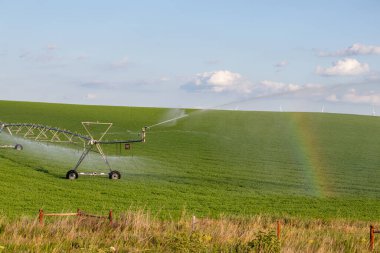 Güneşli bir günde güzel gökkuşağıyla sahada koşan bir pivot. 22 Temmuz 2019, ONell, Holt County, Nebraska