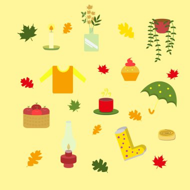 Sonbahar elemanları bir diveristy ile Sonbahar arka plan. Kare şeklinde vektör simgeleri. Yaratıcı şablon