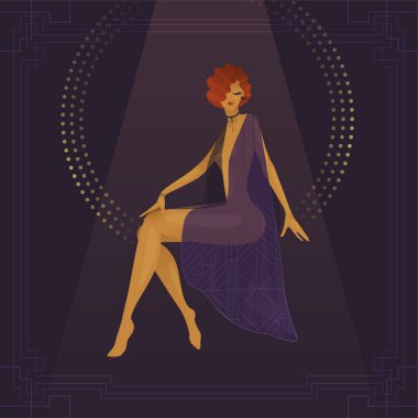 Kız sirk aktris göstermek kabare. Şık vintage, şeffaf degrade. geçmişten arsa. 1920'lerin moda dergisi, art deco tarzı, lüks, yüksek sosyete kadın. Sirk kubbesinin altında